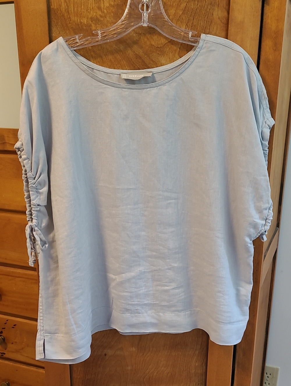 Everlane Light Blue Ruched-Sleeve Linen Boxy Top